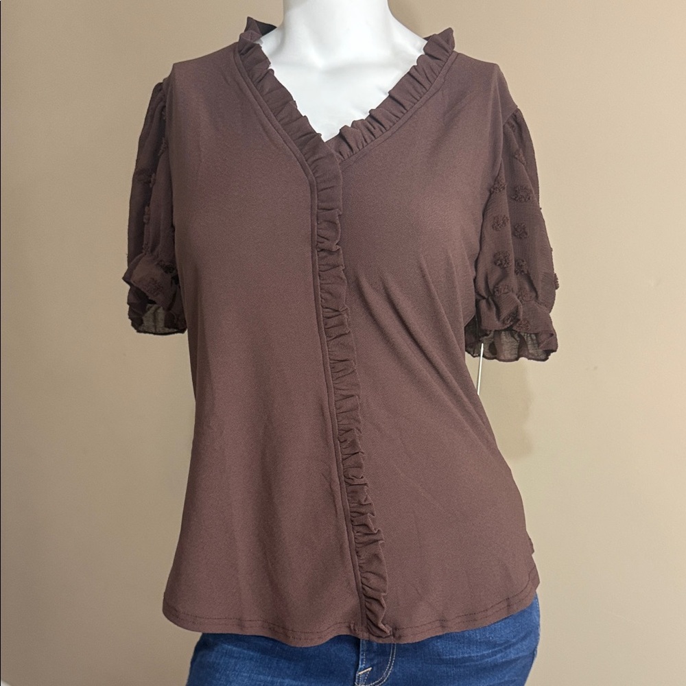 Flower & Feather Brown Ruffled Women's Blouse NWT